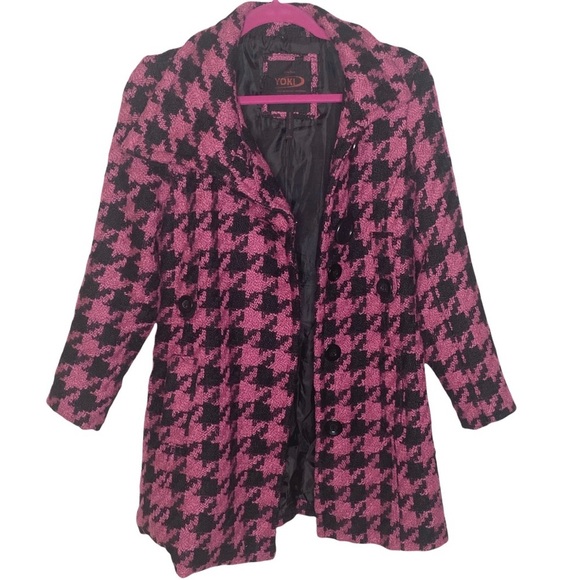 Yoki ❤︎ Wool Houndstooth Peacoat Jacket Overcoat ❤︎ Pink Size Large 12-14 ❤︎ - Picture 3 of 16